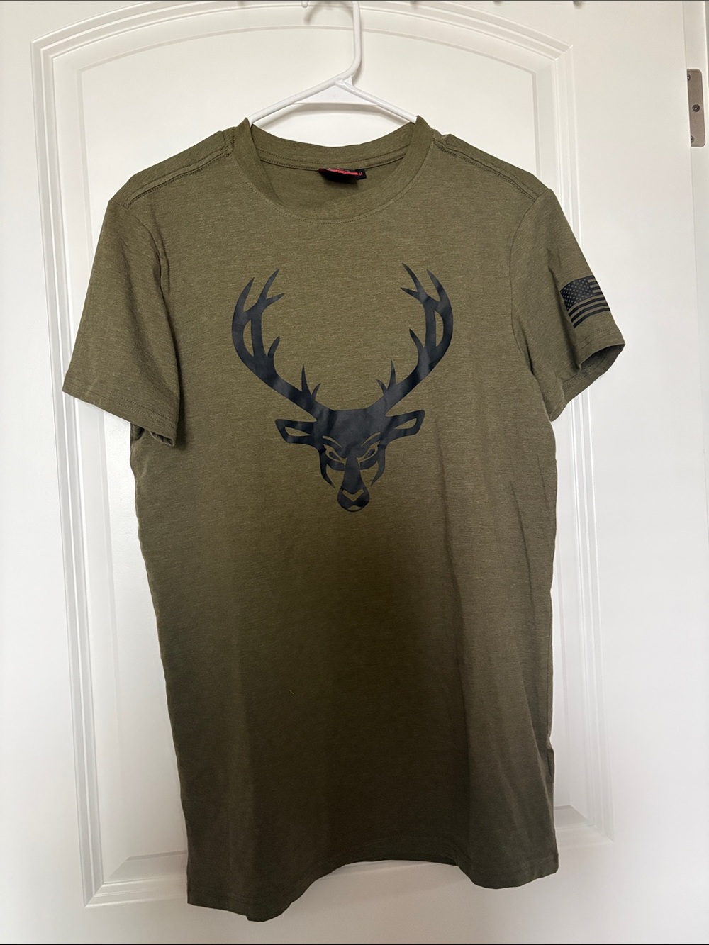 Bucked Up Mens Medium T-Shirt Olive Green Deer Logo American Flag Tri-Blend
